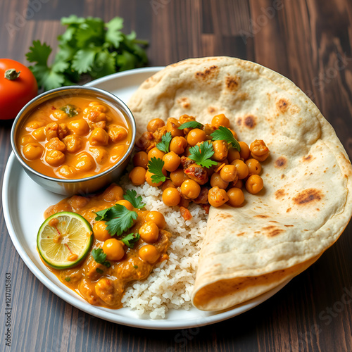 Homemade delicious  wholesome vegetarian diet meal- chana masala, chickpea curry served with whet chapati. photo