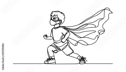 Continuous one single minimal line drawing kid superhero