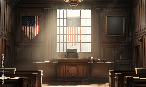 A courtroom with wood-paneled walls, an American flag hanging on the wall