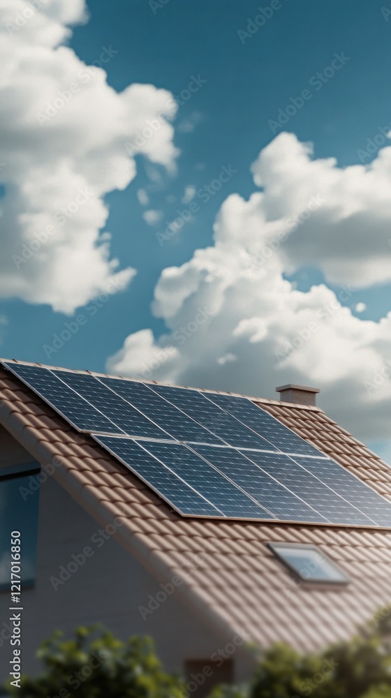 Fototapeta premium The image shows solar panels installed on a house's roof under a blue sky with clouds, emphasizing sustainability and renewable energy.