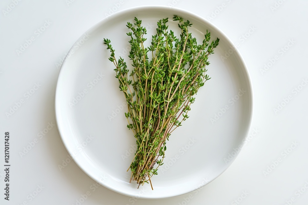 A single bundle of thyme displayed on a clean white ceramic plate. picture A single bundle of thyme displayed on a clean white ceramic plate. picture
