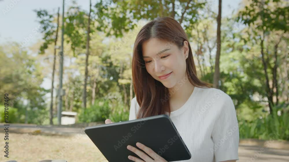 Asian Woman Working outdoors in the park. Professional on a Video Call, exploring Hybrid Work Opportunities in a Peaceful, Virtual Meeting and Online Learning. Hybrid work lifestyle concept by tablet Asian Woman Working outdoors in the park. Professional on a Video Call, exploring Hybrid Work Opportunities in a Peaceful, Virtual Meeting and Online Learning. Hybrid work lifestyle concept by tablet