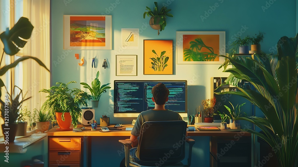 Fototapeta premium A creative workspace filled with coding tools, plants, and a full-stack developer at work