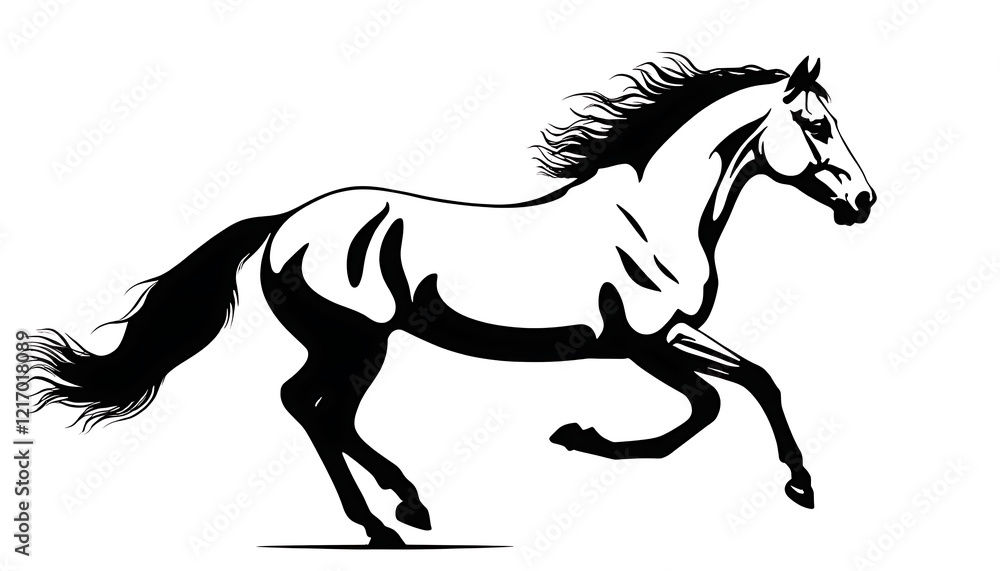 Obraz premium Elegant Black and White Horse Running Silhouette Strong Powerful Stallion Galloping Majestic Animal Graphic Design Illustration 