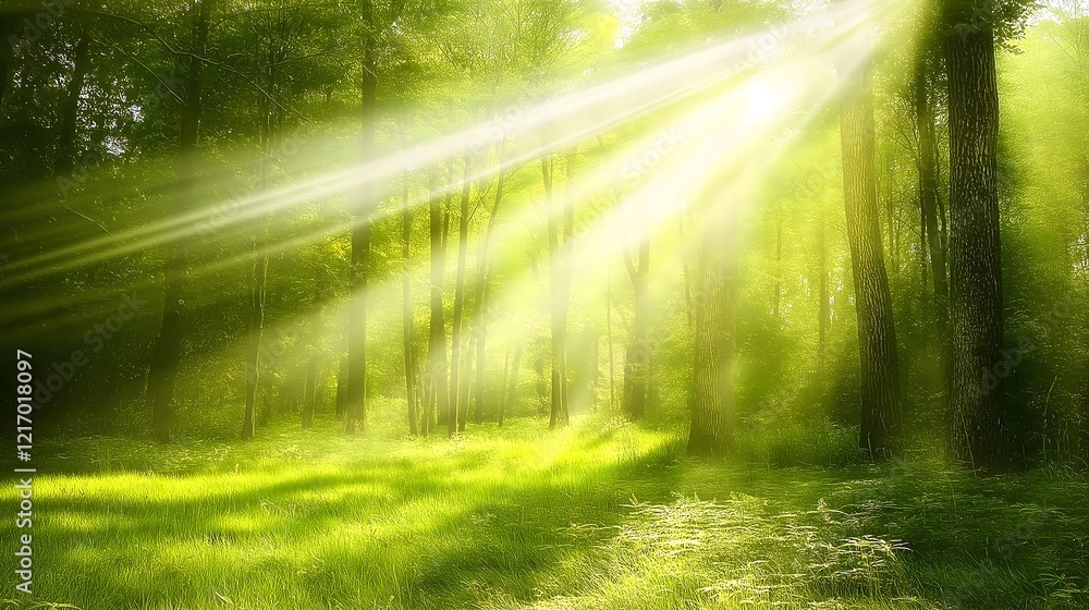 Fototapeta premium Lush Green Forest Landscape with Sunlit Rays, Serene Nature Background for Stock Photography