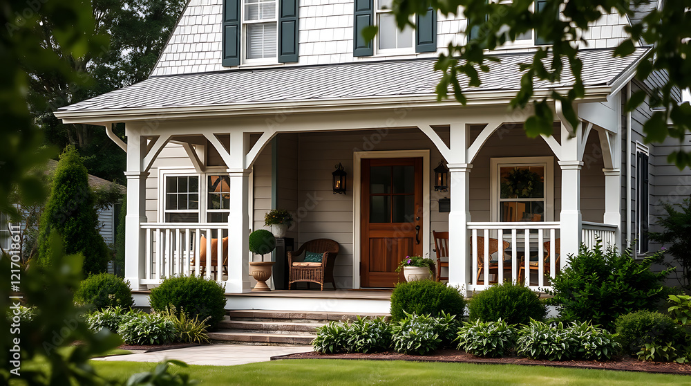 Fototapeta premium Charming Suburban Home with a Classic Porch and Landscaped Garden. The inviting front entrance features a beautiful design and architecture, perfect for a cozy family life.