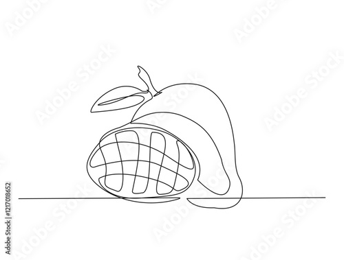 Continuous one line drawing of fresh mango fruit. A whole and sliced mango in single line illustration. Editable stroke.