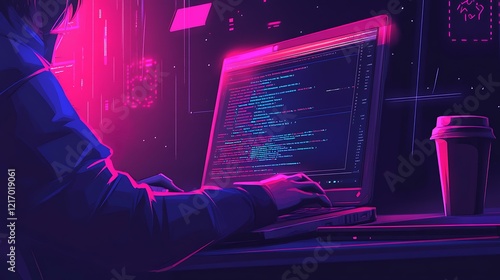 A full-stack developer working on a laptop with code displayed on the screen and a coffee cup nearby