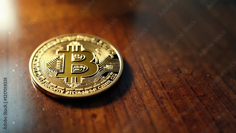 High-resolution Bitcoin coin on glossy wooden table, ideal for financial articles, investment blogs, cryptocurrency websites, and fintech promotional campaigns. High-resolution Bitcoin coin on glossy wooden table, ideal for financial articles, investment blogs, cryptocurrency websites, and fintech promotional campaigns.
