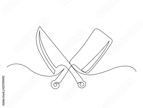 Continuous one line drawing of meat cleaver knife. Butcher's knife in single line draw illustration. Editable stroke.