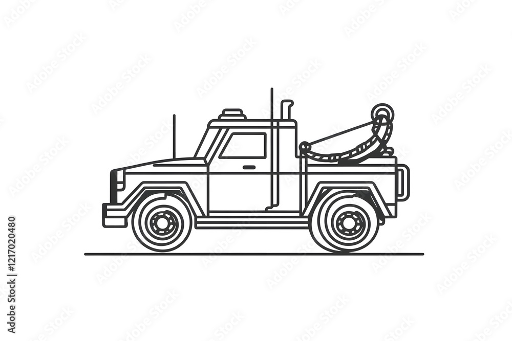 Naklejka premium Tow Truck Design: A Detailed Illustration of a Robust Vehicle with Winch and Rope for Roadside Assistance