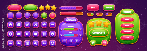 Colorful candy themed game interface featuring cartoon style vector menus, settings, and options. Perfect for 2D app designs, this set offers vibrant and engaging templates.