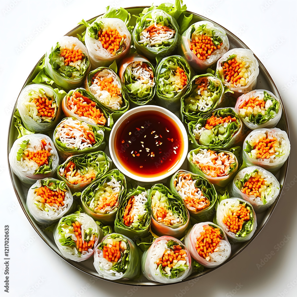 A platter of spring rolls neatly arranged with dip A platter of spring rolls neatly arranged with dip