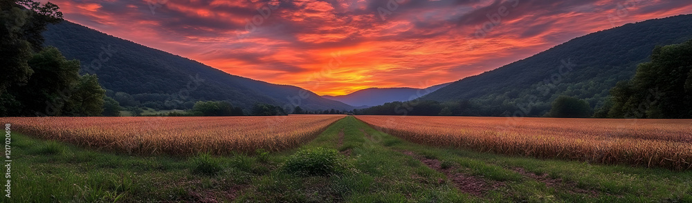 Fototapeta premium Sunset valley field path, fiery sky