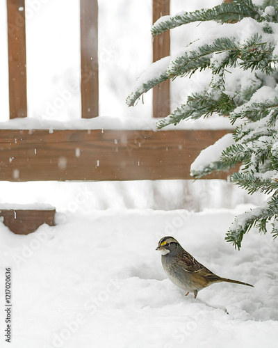 In winter, a white-throated sparrow, Zonotrichia albicollis, stands in the snow under an evergreen tree near a wood railing. photo