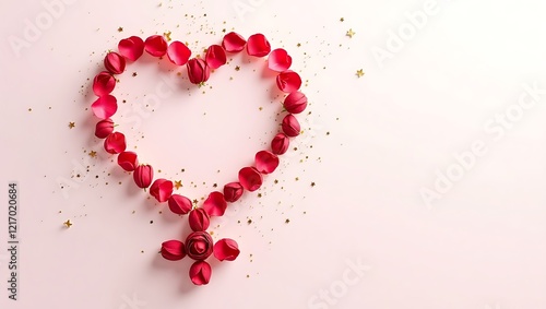 Elegant female gender symbol made of rose petals and golden sparkles on white background