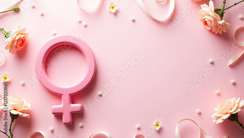 3D female gender symbol with glossy finish surrounded by flowers and ribbons for design