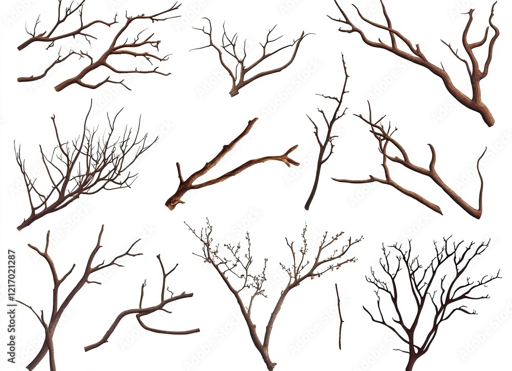 Obraz premium Dried tree branches on a white background, silhouettes of dead, leafless trees, close-up of dry foliage, dead wood, no leaves or flowers in the winter season, cutout, vector illustration,
