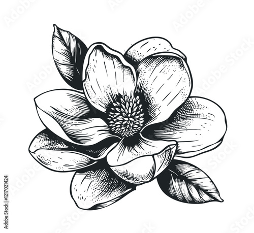 Magnolia flower with leaves sketch Vector illustration