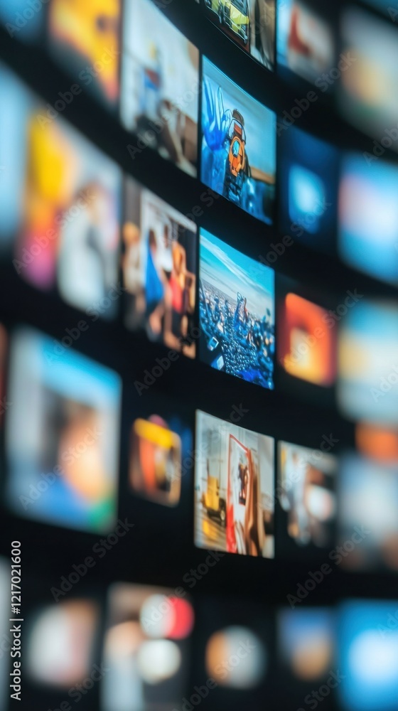 A dynamic digital wall displaying numerous colorful screens. The image depicts a futuristic concept of a smart TV media wall with diverse content. A dynamic digital wall displaying numerous colorful screens. The image depicts a futuristic concept of a smart TV media wall with diverse content.