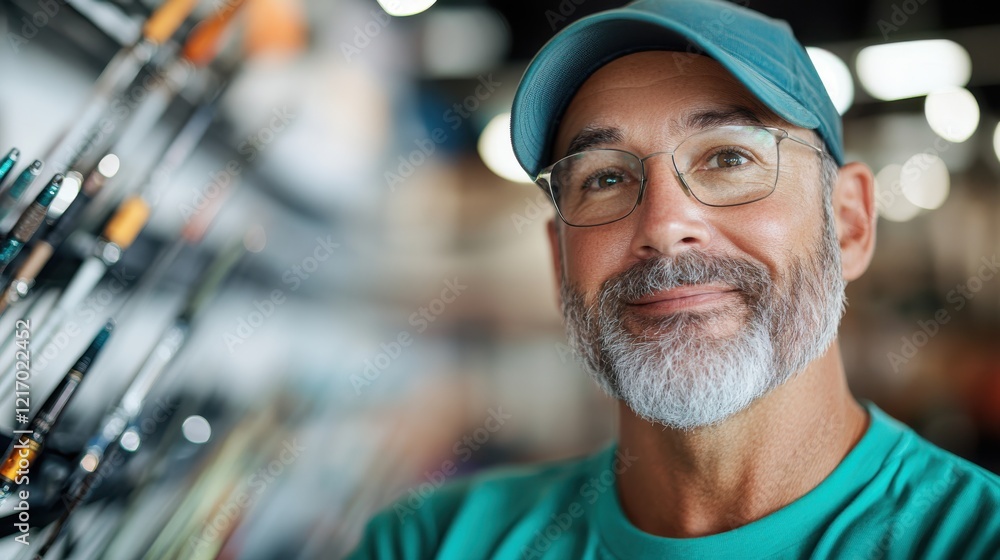A joyful older man wearing glasses and a cap poses in a music store, looking friendly and inviting among standard musical equipment and instruments, symbolizing passion for music. A joyful older man wearing glasses and a cap poses in a music store, looking friendly and inviting among standard musical equipment and instruments, symbolizing passion for music.