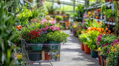 Fototapeta Naklejka Na Ścianę i Meble -  Colorful flower shopping at a vibrant nursery with a cart full of plants and blooms