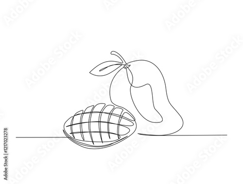 Continuous one line drawing of fresh mango fruit. A whole and sliced mango in single line illustration. Editable stroke.