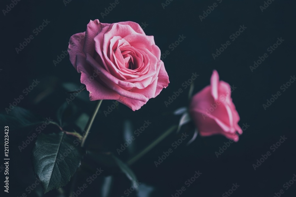 Fototapeta premium A beautiful pink rose in a decorative vase set against a dark, mysterious black background