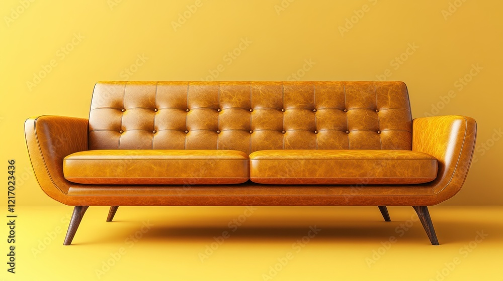 custom made wallpaper toronto digitalYellow room, brown leather sofa, mid-century design, interior design, advertisement