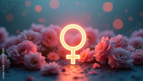 Glowing female gender symbol with soft-focus flowers and neutral background for text addition