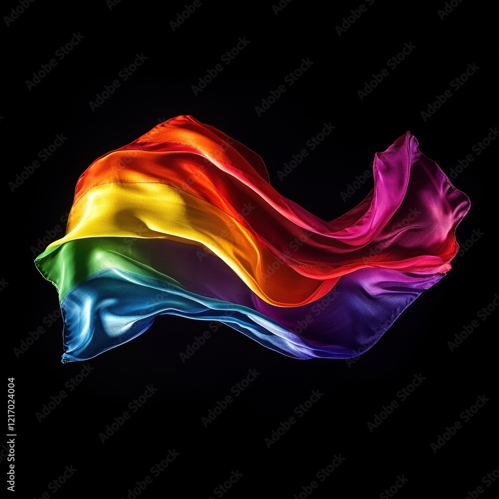 Obraz premium Colorful Rainbow Flag Flowing in the Wind Against Black Background
