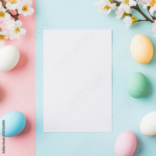 blank white menu mockup surrounded by colorful Easter eggs and cherry blossoms creates festive atmosphere. Perfect for spring celebrations and holiday events
