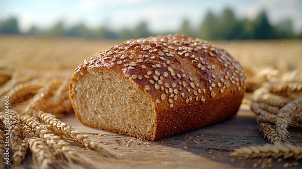 Rustic bread, field background, sliced, harvest Rustic bread, field background, sliced, harvest