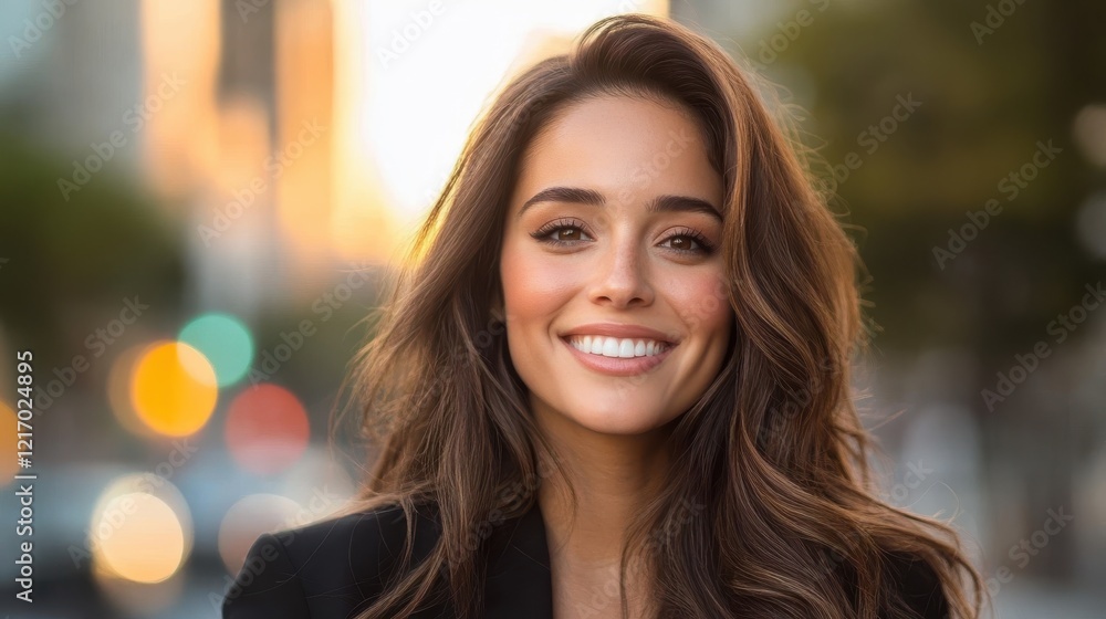 Obraz premium A radiant young woman smiles joyfully against a beautiful city backdrop, her long hair flowing, encapsulating an essence of happiness and vibrant urban life.