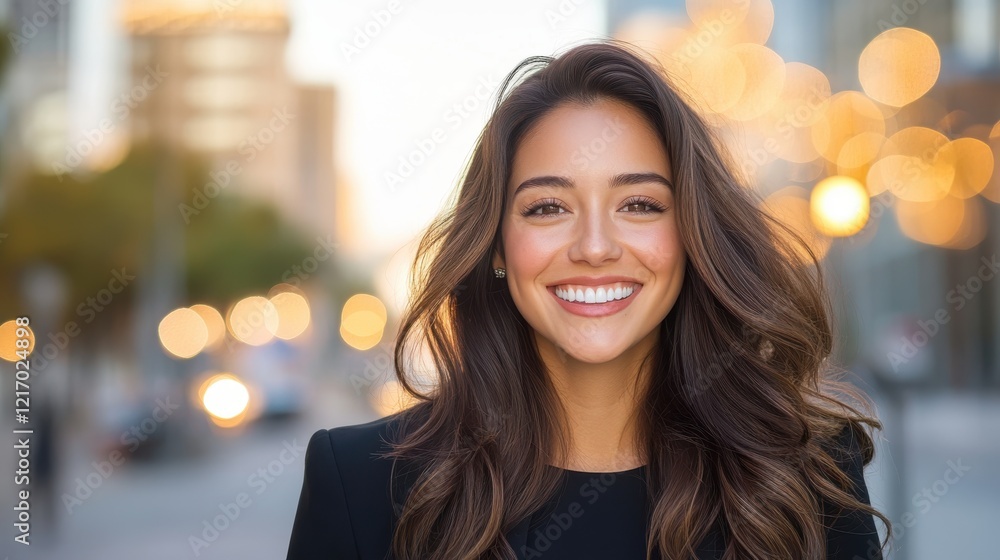 Obraz premium This vibrant portrait features a cheerful young woman with long hair smiling brightly in a lively urban setting adorned with soft, warm bokeh lights in the background.