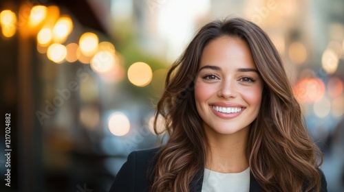 Wallpaper Mural A young woman with a bright smile poses in a city street, surrounded by blurred lights, capturing a joyful moment of urban life and positivity in a bustling atmosphere. Torontodigital.ca