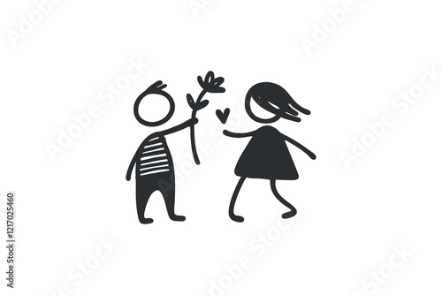Boy giving flower to girl, hand-drawn vector illustration of love