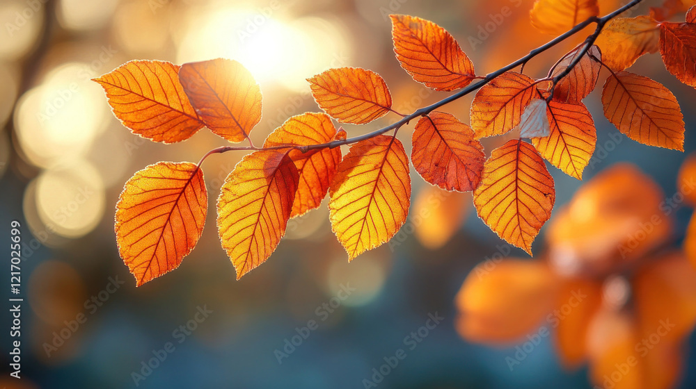 A close-up of orange and yellow autumn leaves illuminated by golden sunlight A close-up of orange and yellow autumn leaves illuminated by golden sunlight