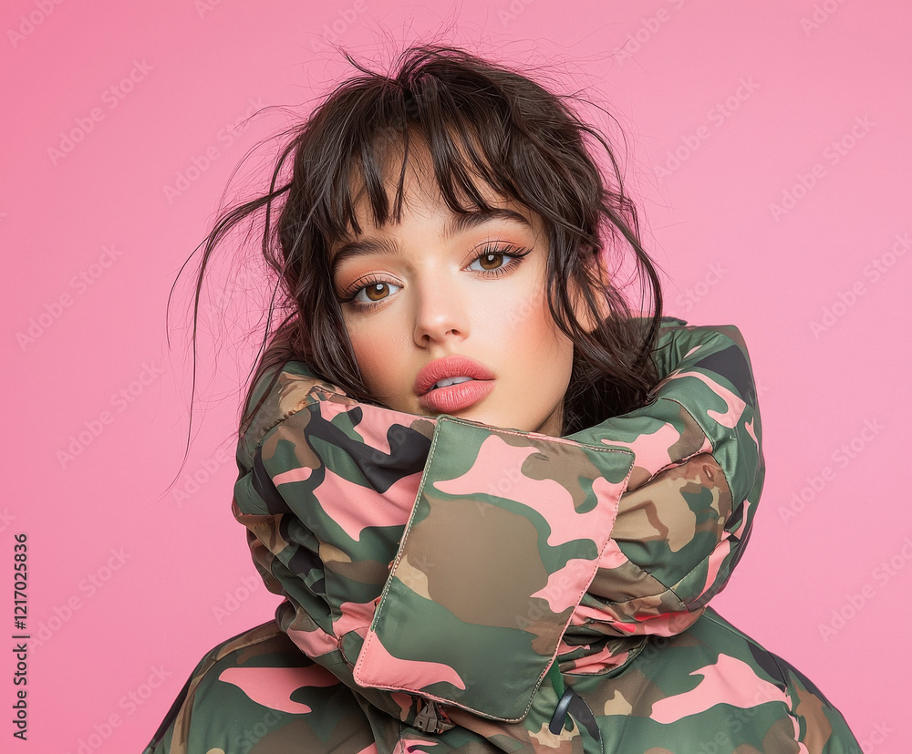 attractive woman with bangs covering her face, set against a pink background. She wears an oversized puffer jacket attractive woman with bangs covering her face, set against a pink background. She wears an oversized puffer jacket