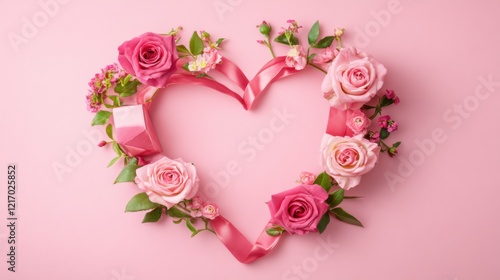 A Heartfelt Arrangement: A Delicate Composition of Soft Pink Roses and Miniature Gift Boxes, Artfully Arranged to Form a Heart-Shaped Pattern, Symbolizing Love and Affection.