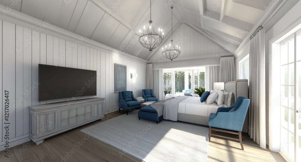 Fototapeta premium Luxurious bedroom with vaulted ceiling, large windows, and blue accents.