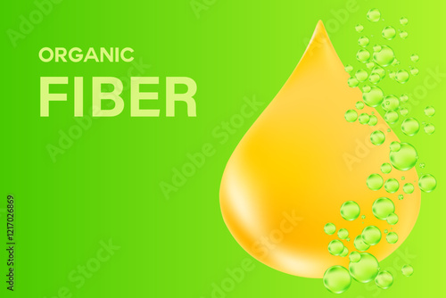 3D organic green fiber supplements background with copy space. Raw fiber soft gel capsules, glowing liquid green oil drop. Healthy stomach, intestines, digestive system nutrition supplements.