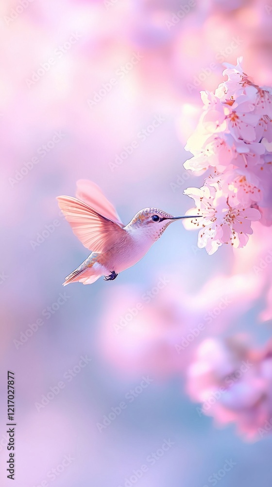 A hummingbird hovers delicately near vibrant flowers, poised to sip nectar amid a dreamy, pastel-colored setting. A hummingbird hovers delicately near vibrant flowers, poised to sip nectar amid a dreamy, pastel-colored setting.
