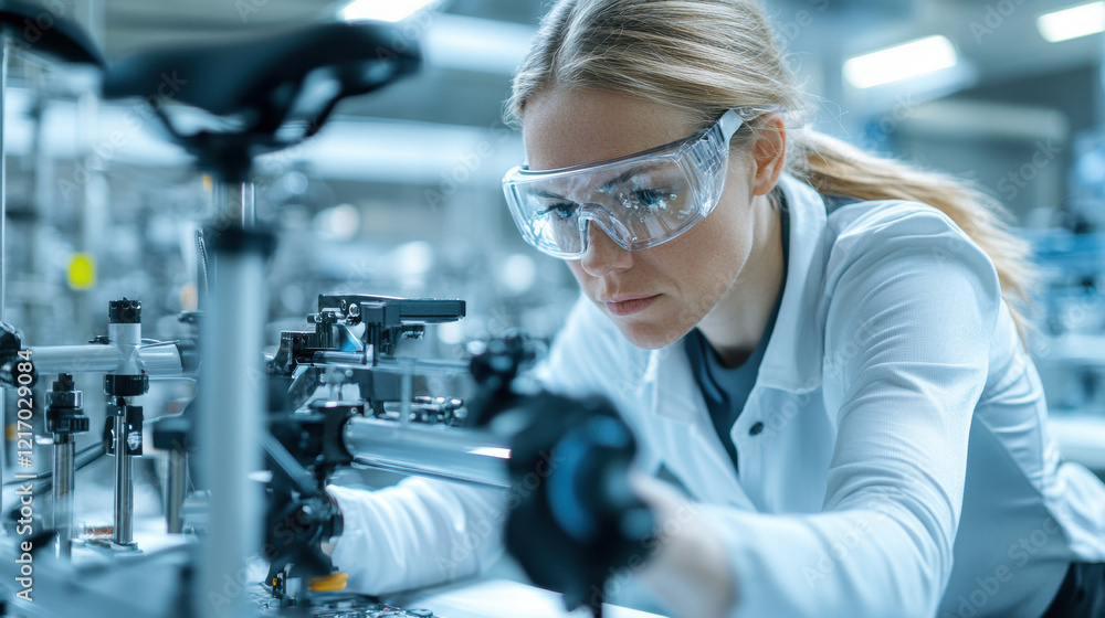 Female Engineer Working on Precision Machinery in a High-Tech Factory