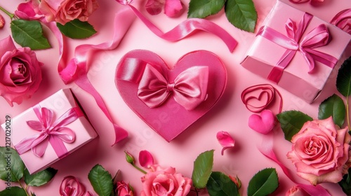 A Heartfelt Arrangement: A Delicate Composition of Soft Pink Roses and Miniature Gift Boxes, Artfully Arranged to Form a Heart-Shaped Pattern, Symbolizing Love and Affection.