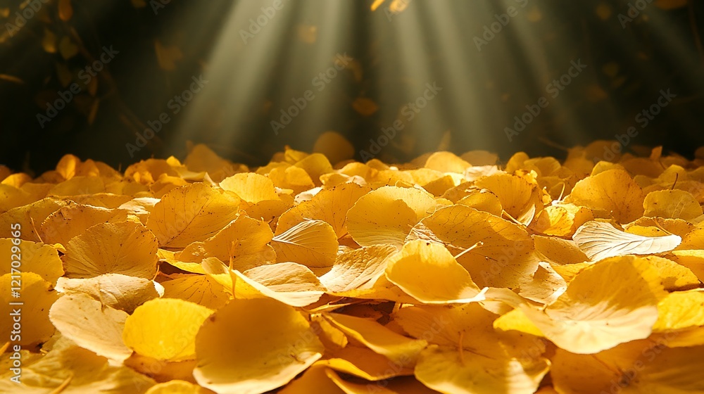 A quiet autumn forest with a carpet of golden leaves and rays of sunlight breaking through the canopy.