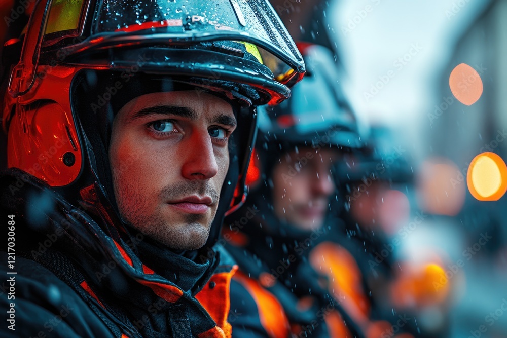 A person wearing a fireman's helmet stands in the snow, ready for action A person wearing a fireman's helmet stands in the snow, ready for action