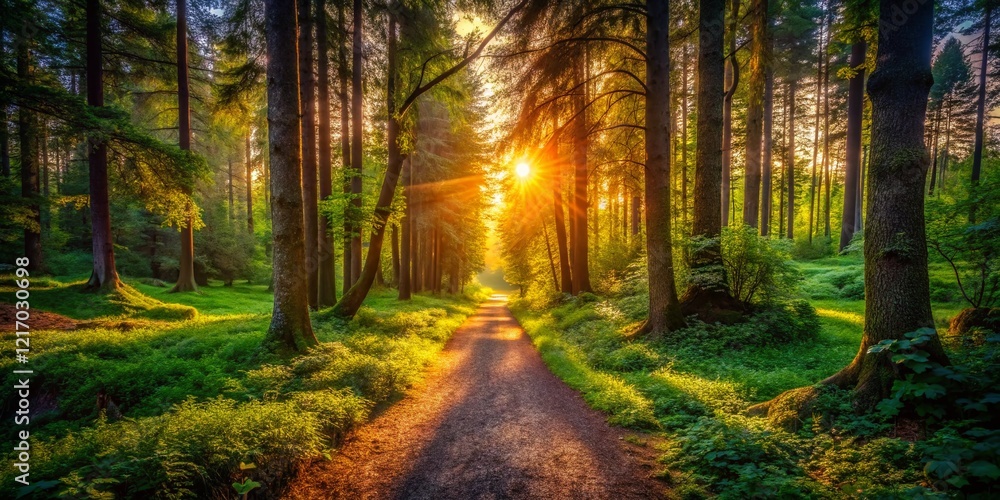 Fototapeta premium Mystical Forest Path Panorama: Low Light Nature Photography