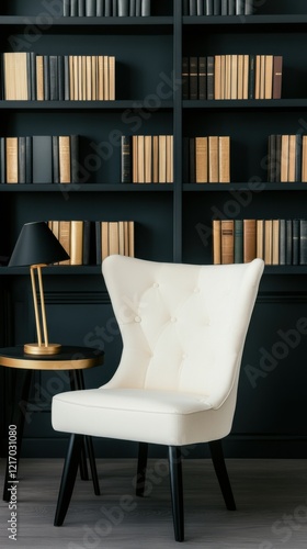 Wallpaper Mural A stylish library corner with a large black bookshelf filled with books, a cozy white armchair, and a sleek lamp on a wooden side table. Torontodigital.ca