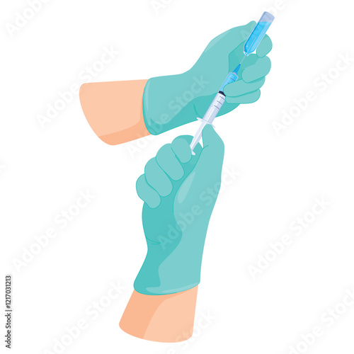 Illustration of hands of medical personnel preparing syringe with vaccine for intramuscular injection